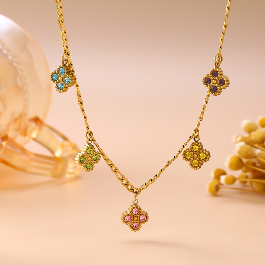 Cross-border French vintage multicolored enamel four-leaf necklace for women, niche light luxury multi-floral lucky clover collarbone jewelry-image-1110913850