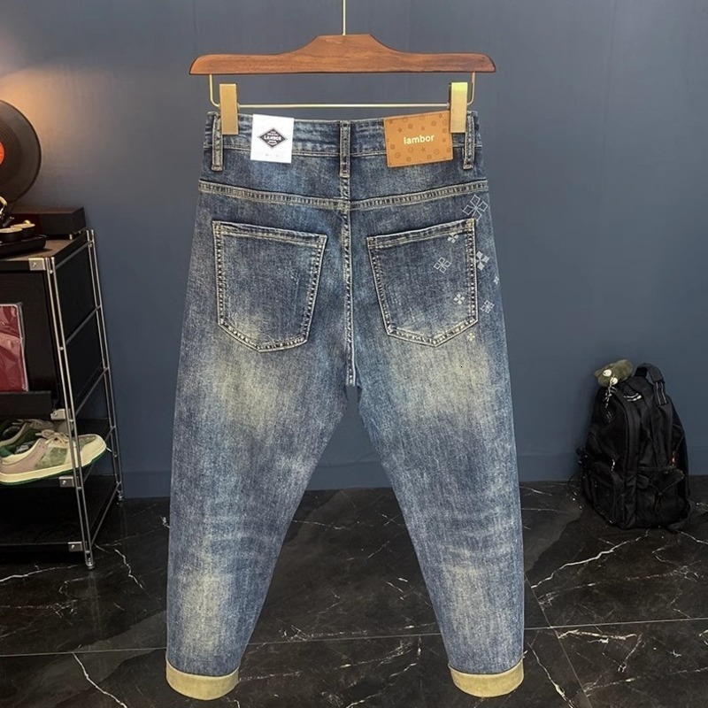 trousers Men Jeans Designer Men Summer Retro Washed Blue Printed Jeans Cuffed Hem High End Casual Vintage Long Trousers Mens Clothing Denim Pants