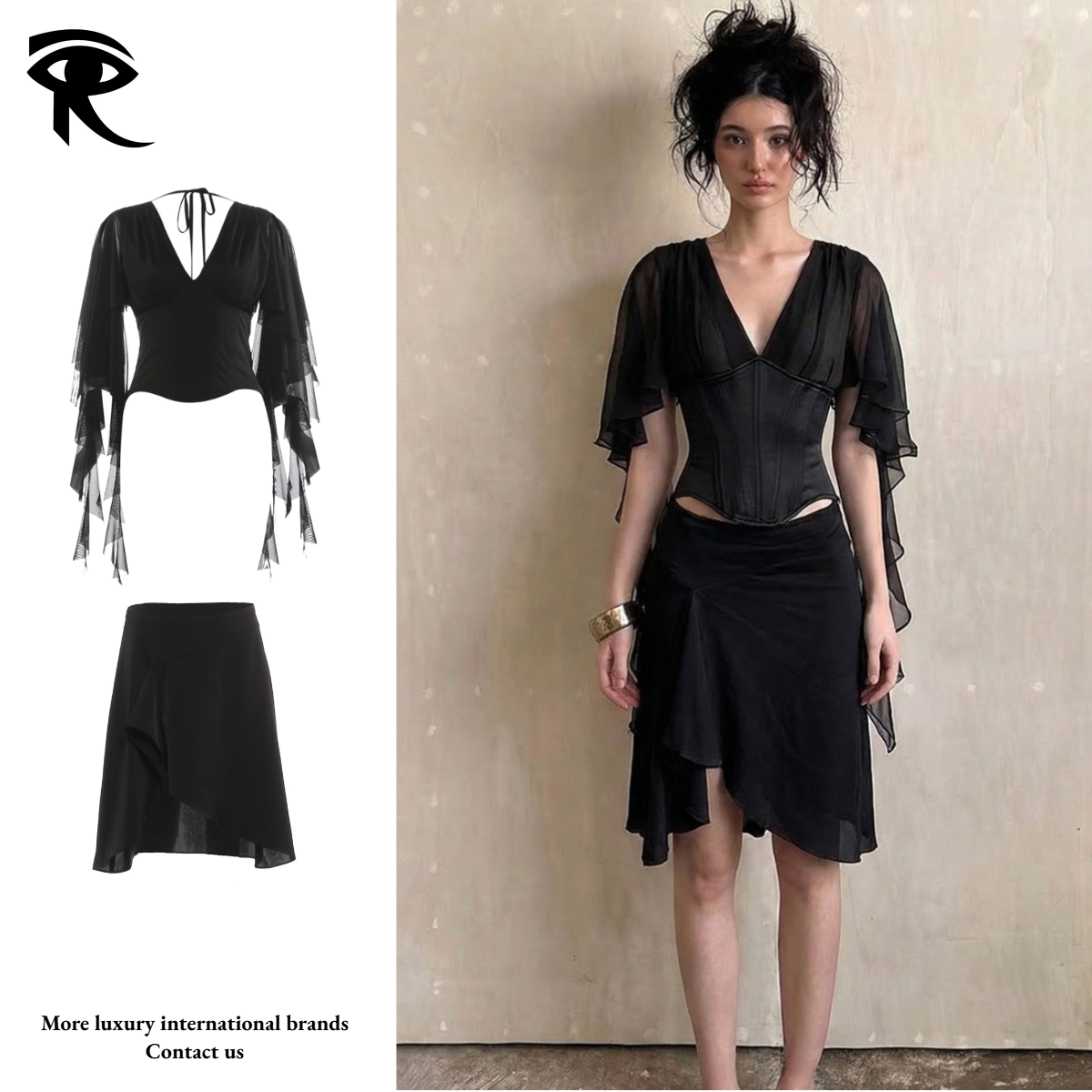 2026 Spring Summer New Solid Color Deep V Tie Waist Shrug Cape Top Midi Skirt Set Socialite Party Original Designer Two Piece Dress Factory Direc