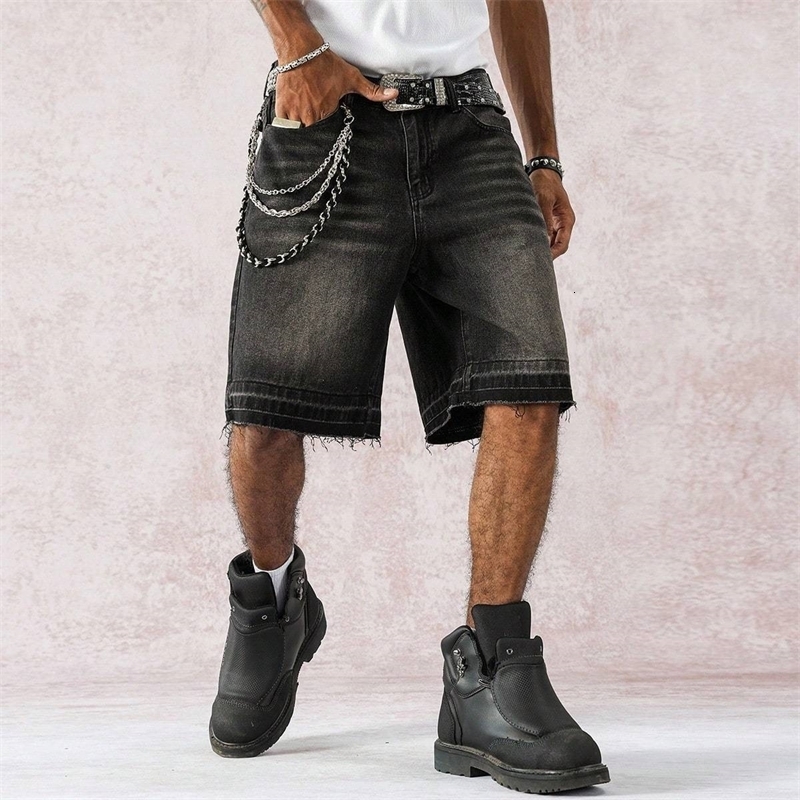 Mens spring and summer street fashion casual frayedhem loose wideleg black denim shorts y260609BANJIA