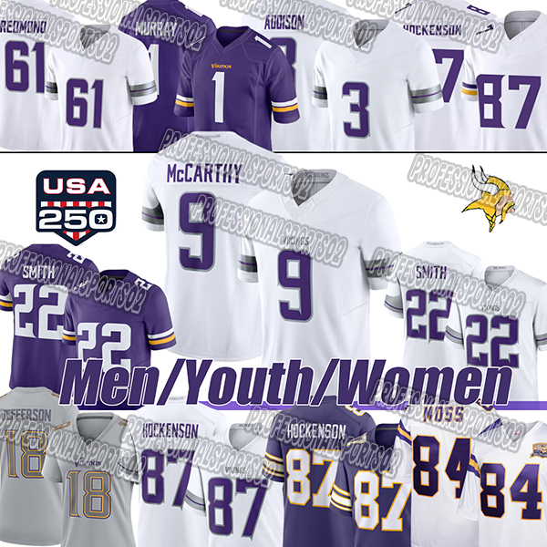 Minnesota city Vikingss Football Jersey #18 Jefferson #9 McCarthy #87 Hockenson #22 Smith #3 Addison #84 Moss Football Jerseys-image-937603610