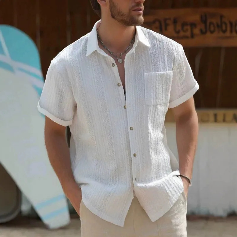 Mens White Textured Short Sleeve Shirt Summer Breathable Loose Fit Casual Streetwear Top Youth Lightweight Shirts 260616BJ