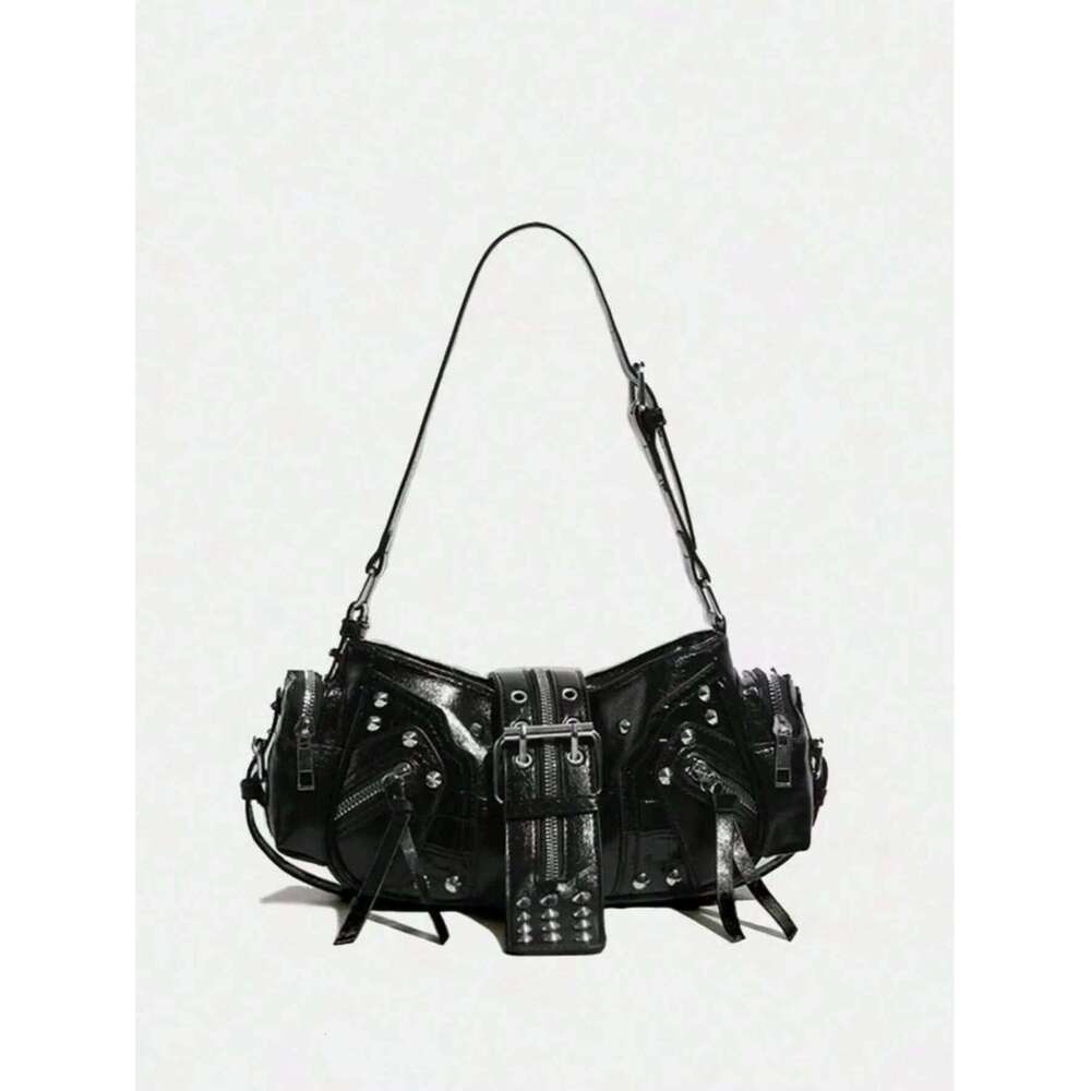 Designer bag 52 Vintage Y2K Oil-Wax Leather Motorcycle Bag, Cyberpunk Gothic Punk Crossbody Shoulder Purse