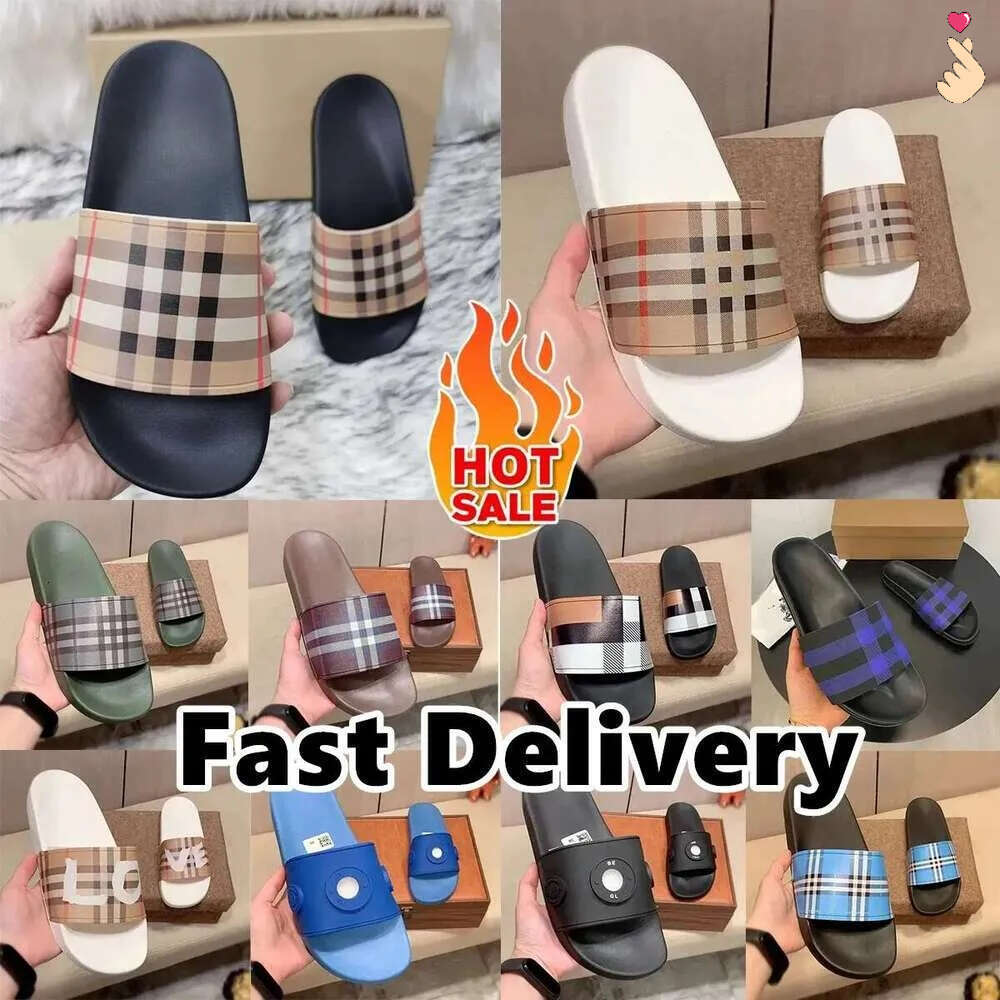 2026 NEW Designer Tartan Vintage Parisian Check Beach Beige Print Embossed Blueberries Slide French Luxury Sandal B Slides Mens Bur Slippers 50 60c