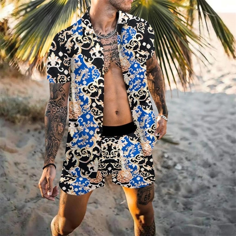Summer Exquisite Mens Shirt Set Coconut Print Short Sleeve Top Leopard Print Shorts 2 Piece Hawaii Beach Mens Fashion Clothing i260616