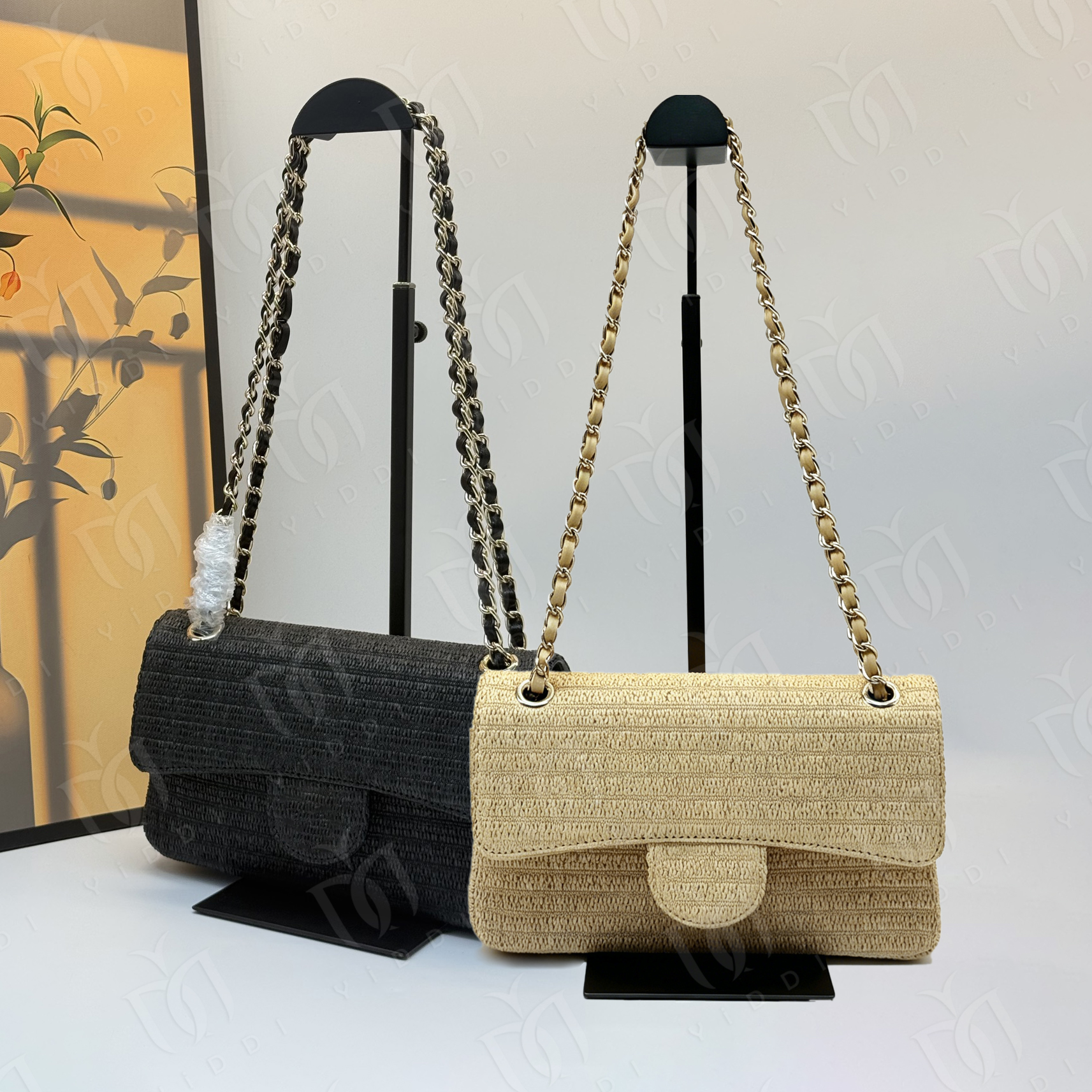 Summer Designer Raffia bag Woven Straw Flap bag CF Chain Shoulder bag Mini Crossbody Natural Beige Raffia Purse Weekend Trip Beach Vacation bag for