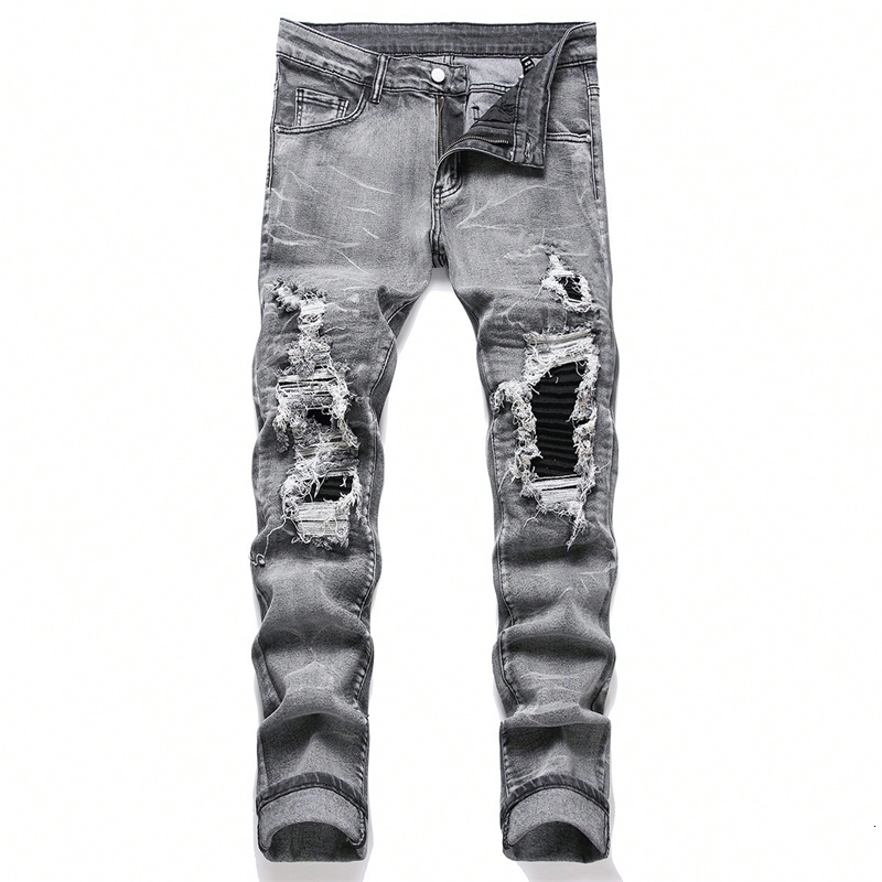 Mens Stretchy Denim Jeans Streetwear Tearing Patchwork Holes Ripped Elastic Waist Casual Pants Slim fit Straight Trousers y260612BANJIA