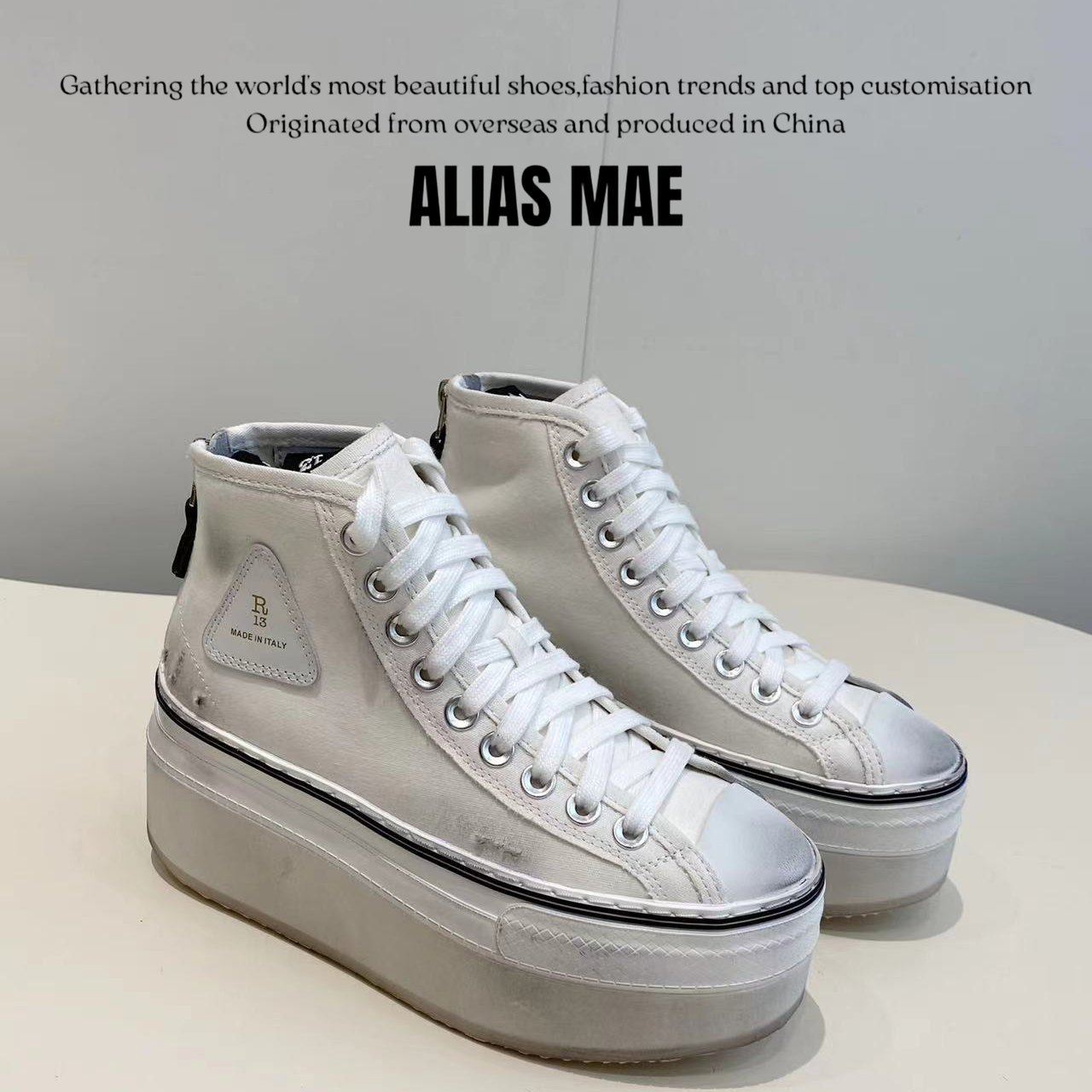 Men Shoes ALIASMAE Spring And Autumn New Breathable Women's Denim High Top Sneakers Lace Up Casual Vintage Distressed Thick Sole For Added Heig