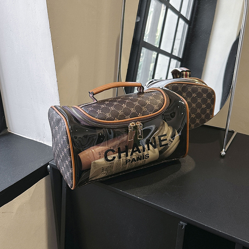 Clear Cosmetic Bag Women Transparent PVC Makeup Pouch Vintage Pattern PU Leather Trim Double Zipper Travel Toiletry Case Large Capacity Cylinder Sha