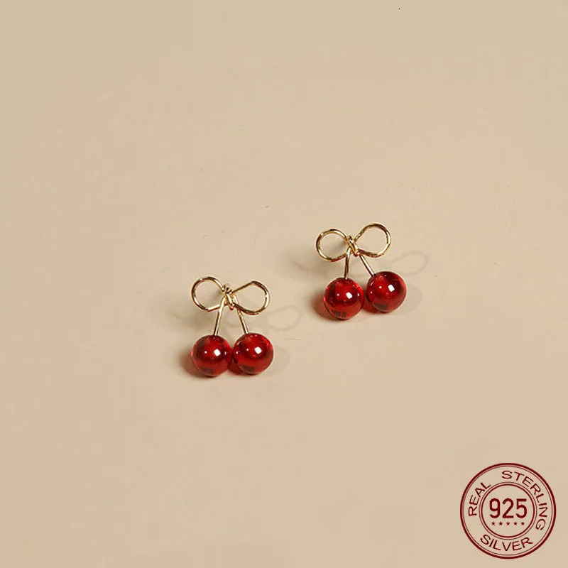 La Monada Womens Earrings Silver 925 Ear Piercing Cute Simple Small Red Cherry Zircon Silver Stud Earrings Girl 260615