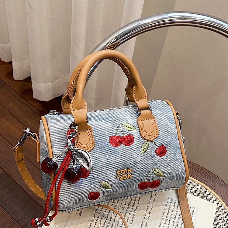 South Wind Y2K Cherry Handbag, Denim Blue Mini Shoulder Bag - Soft PU Baguette Purse with Top Handle, Zipper Closure, Cherry Motif, Cashmere Lining