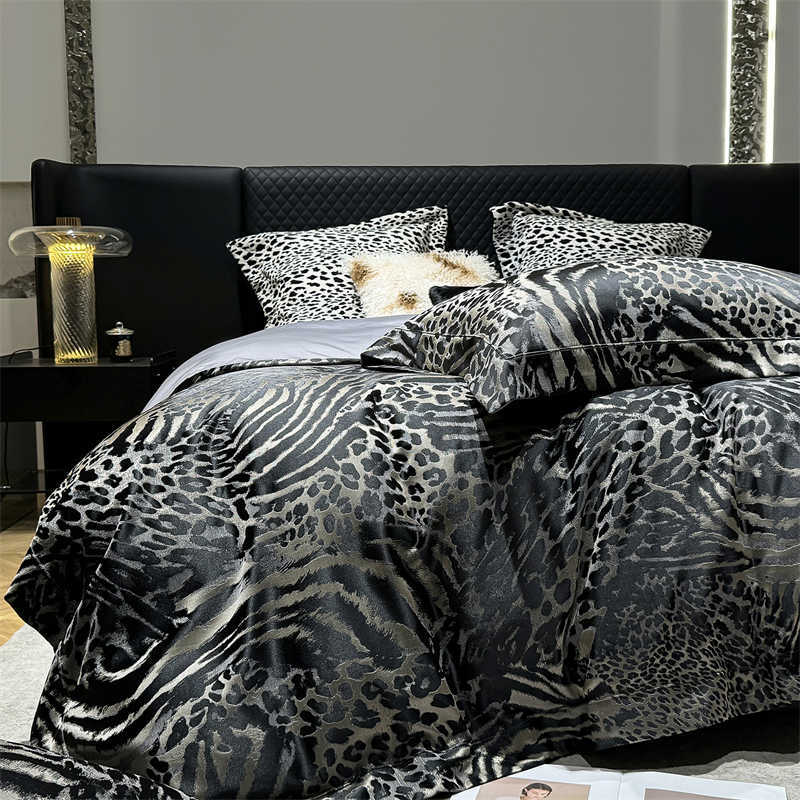 Luxury 4Pcs Leopard Print Jacquard Bedding Set Egyptian Cotton Satin Brocade Duvet Cover High-End Bed Linens for Bedroom Hotel D260617