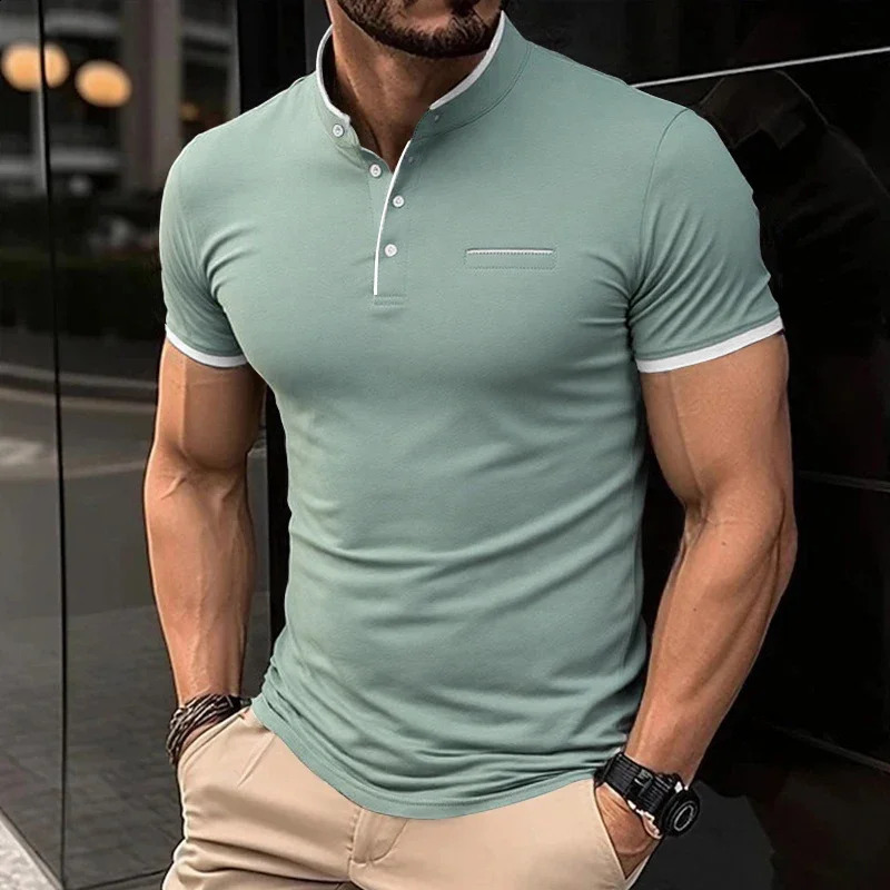 Mens Casual and Fashionable Solid Color Short Sleeved Stand Up Collar T-shirt Summer Versatile and Comfortable Top 260616BJ