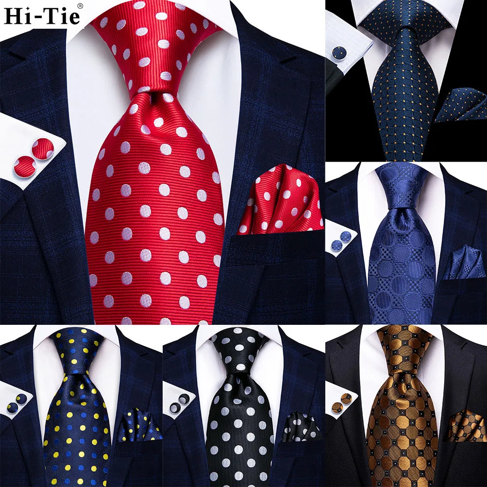 Hi-Tie Red White Dot 2024 Mens Elegant Tie Hanky Cufflink Necktie For Men Wedding Party Business Men Tie Fashion 260611