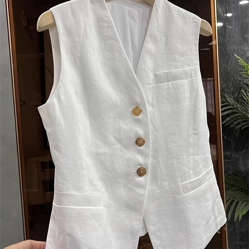Womens Linen Blend Vest VNeck Sleeveless ButtonDown Waistcoat Lightweight Tailored Suit for Business Casual Office y260612BANJIA