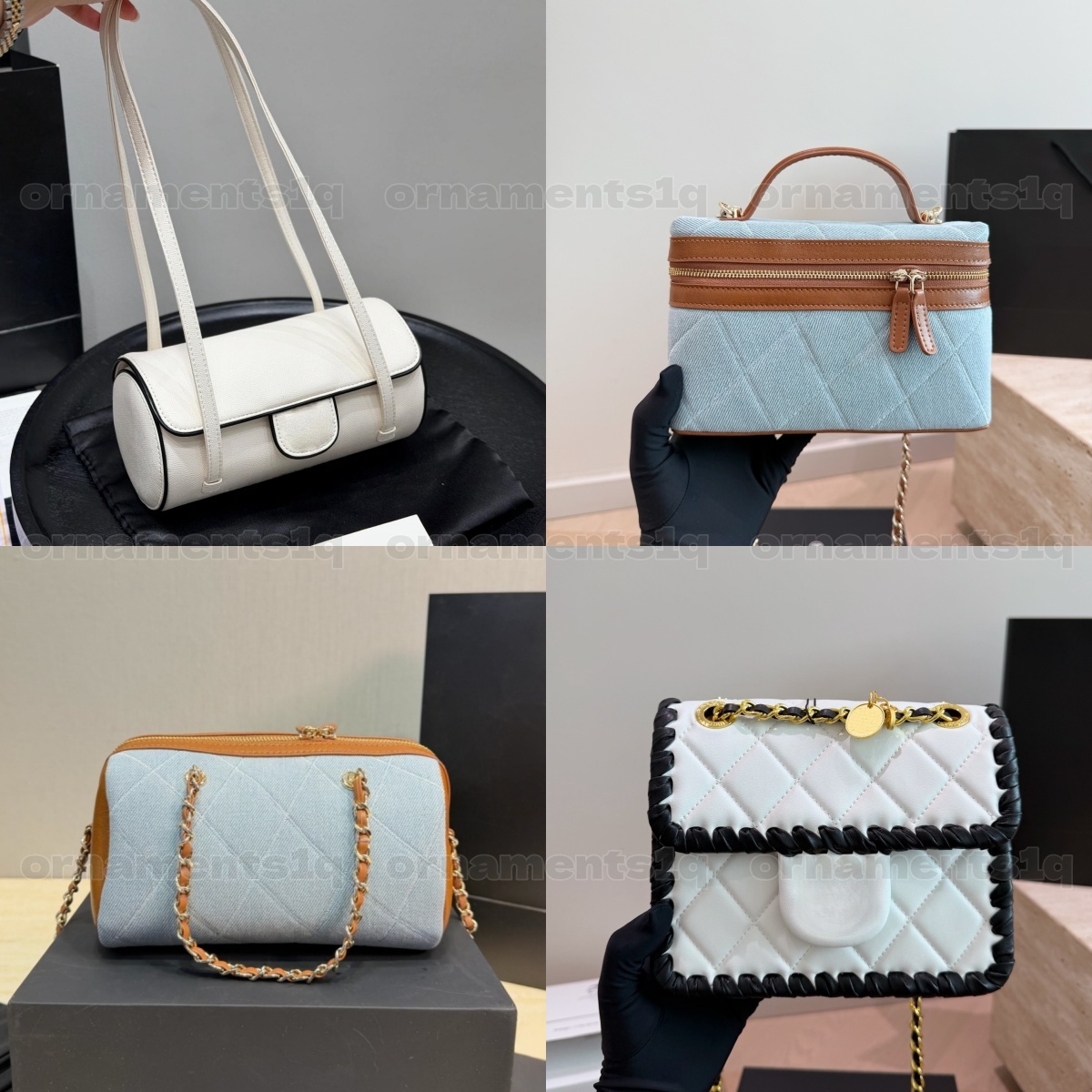 High End Genuine Lambskin Quilted Vanity Case, Soft White Leather Cosmetic Bag with Zipper & Gold Chain Strap, Women Luxury Crossbody Handbag