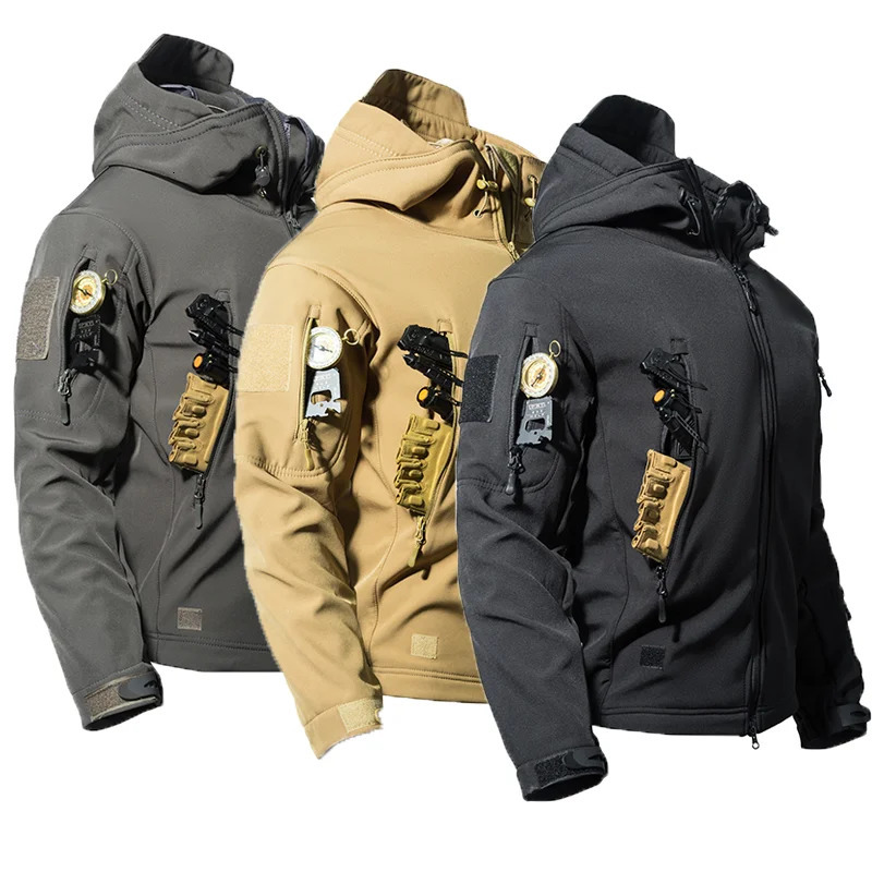 Mens Winter Autumn Warm Cargo Fleece Jackets Softshell Tactical Hood Windproof Outdoor Coats Hiking Camping Climbing Military 260617BJ