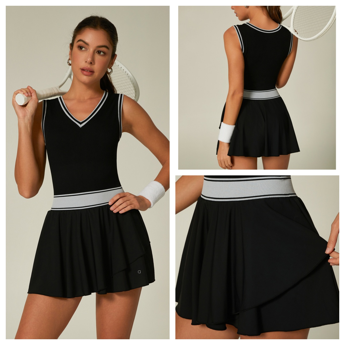 A2371 New Spring Summer Fashionable Women's Tennis Skirt High-Stretch Color-Blocked Ruffled One-Piece Tennis Skirt