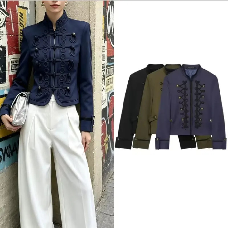 2026 Spring Women Short Blazer Mandarin Collar Single Breasted Shoulder Pad Long Sleeve Loose Fit Casual Chic Work Blazer Jacket 260617BJ