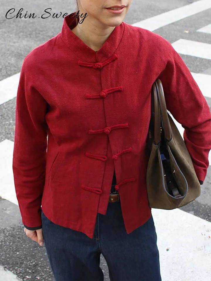 Casual Womens Frog Button Mandarin Jacket Loose Linen Stand Collar Single Breasted Pockets Coat 2026 Spring Lady Chic Outwear 260617BJ
