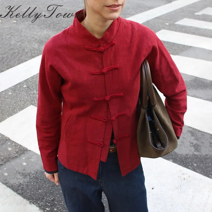 Chinese Style Women Jacket Single Breasted White Suit Women Summer Stand Collar Short Coat Street Chic Red Long Sleeve Tops 2026 260617BJ