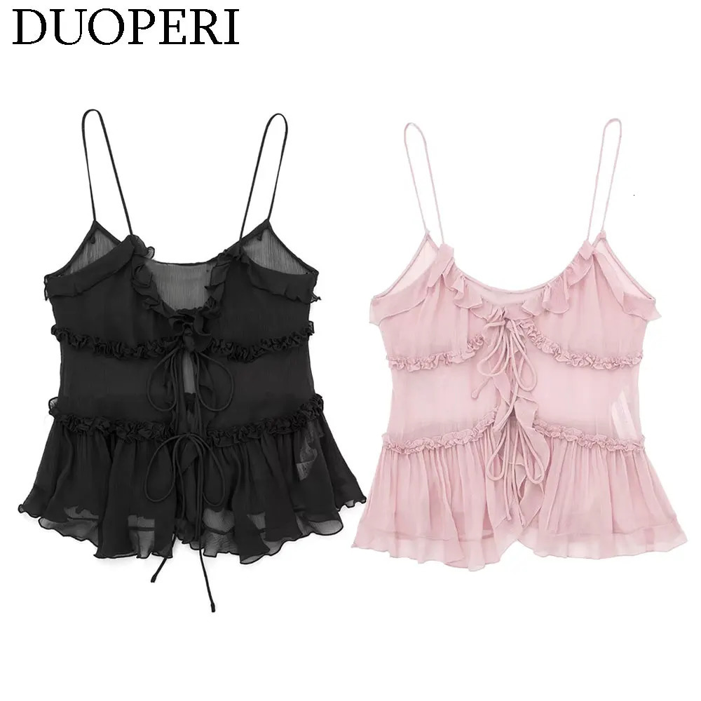 DUOPERI Women Fashion Plain Chiffon Ruffled SemiTransparent Camisole Thin Straps Female Chic Lady Casual Vintage Tops Tank 260617BJ