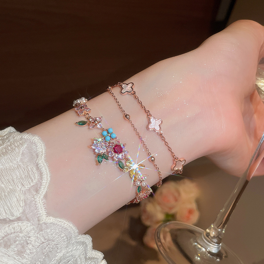 18k real gold plated zircon flower bracelet, sweet and romantic pastoral style, fashionable, light luxury, high-end jewelry-image-1111121455