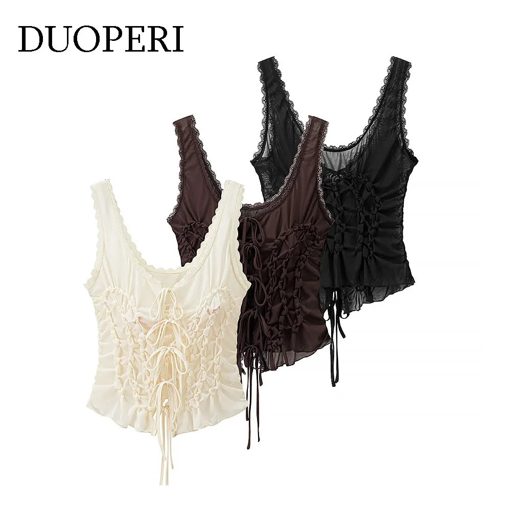 DUOPERI Women Y2K Fashion Solid Pleated Lace Up Slim Fitting Camisole Straps V-Neck Female Chic Lady Casual Tank Tops 260617BJ