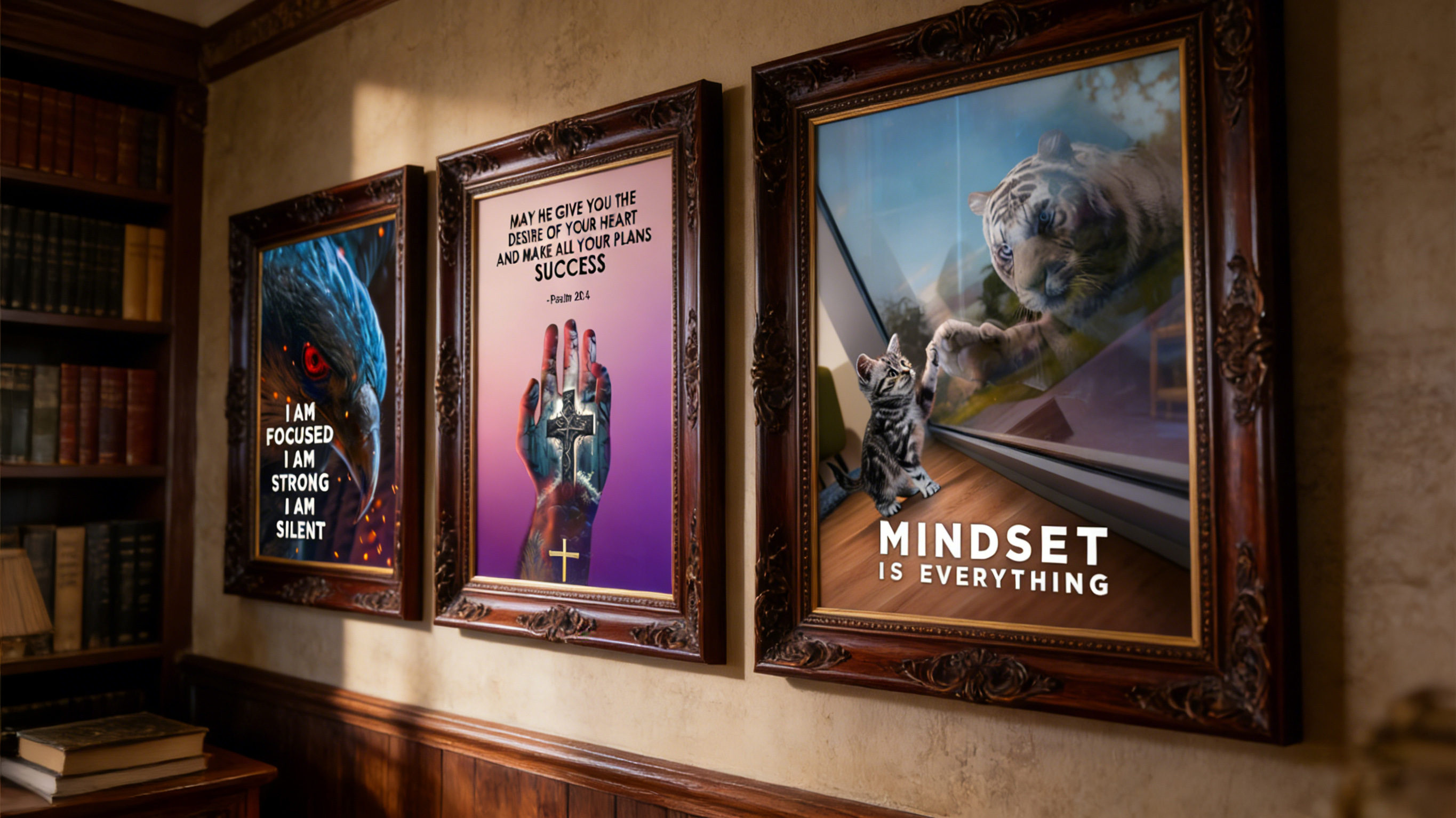 Set of 3 Motivational Wall Art, Christian Inspirational & Mindset Canvas Prints, Frameless Eagle Cat Tiger Positive Quotes Decor for Office Bedro-image-1111158706