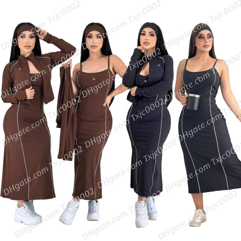 Femmes robes décontractées de base robe de créateur nouveau costume cousu en ligne veste courte zippée coupe ajustée jupe longue à bretelles ense
