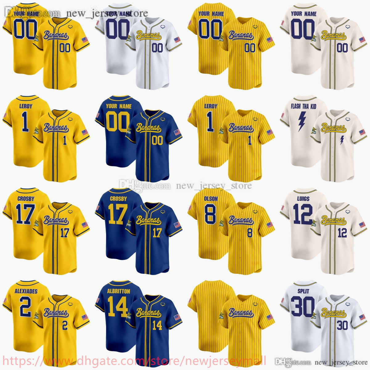 Cuustom Savannah Bananas Baseball 30 Split Jersey Stitched 1 Bill LeRoy 17 Brandon Crosby 14 Dakota Albritton 8 Jackson Olson 12 Kyle Luigs 2 Reese