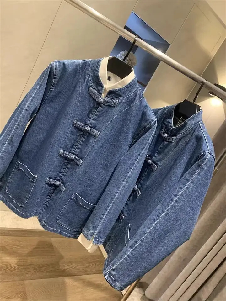 Chinese Denim Jacket Mens Tang Suit Shirt Washing Retro Loose Stand Collar Hanfu Buckle Trendy Casual Jacket Aesthetic 260617BJ