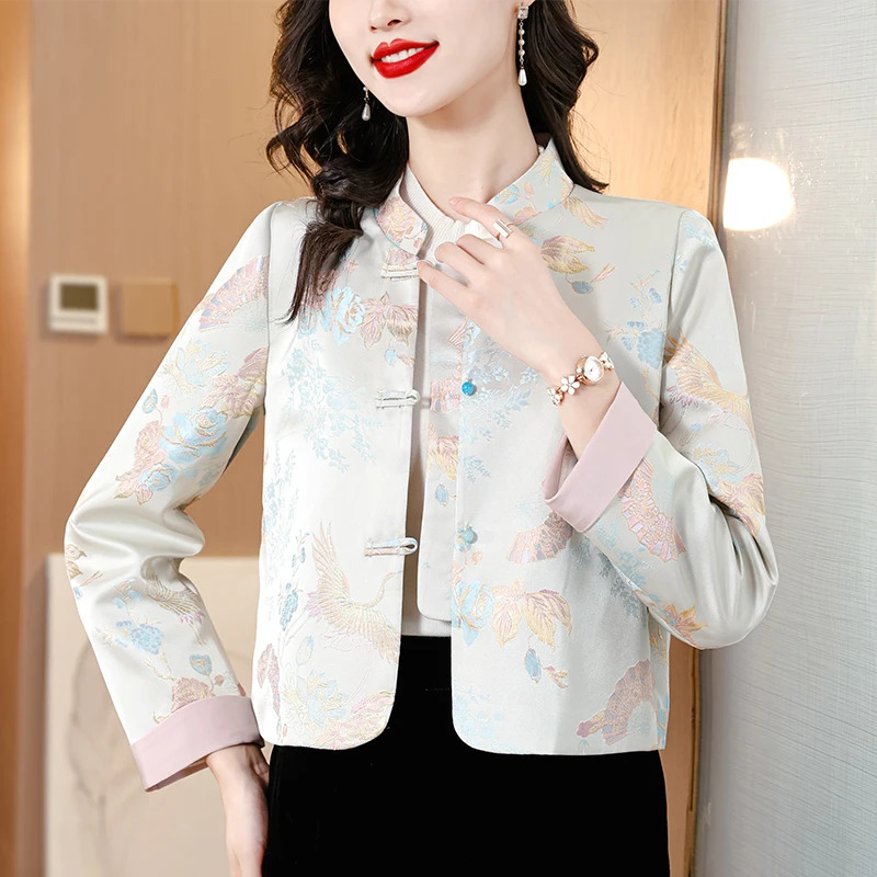 Chinese Style Elegant Crane Floral Print Jacquard Jacket for Women Mandarin Collar Frog Button Short Coat Blazer Outwear 260617BJ