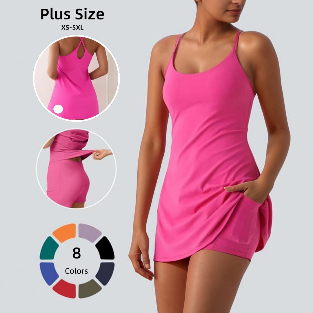 L6188-UU Women Plus Size Anti-Glare Sports Dress with Shorts and Detachable Chest Pads Ladies Large Size Athletic Outfit Yoga Skirts One-Piece Tenni