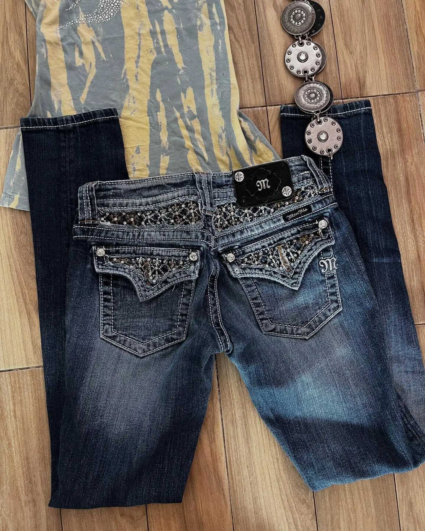 Retro Miss Me Boot Cut Jeans Female Y2K New Blue Jeans Embroidered Wing Pocket Hip Hop Harajuku Gothic Wide Pants Street WearT260618