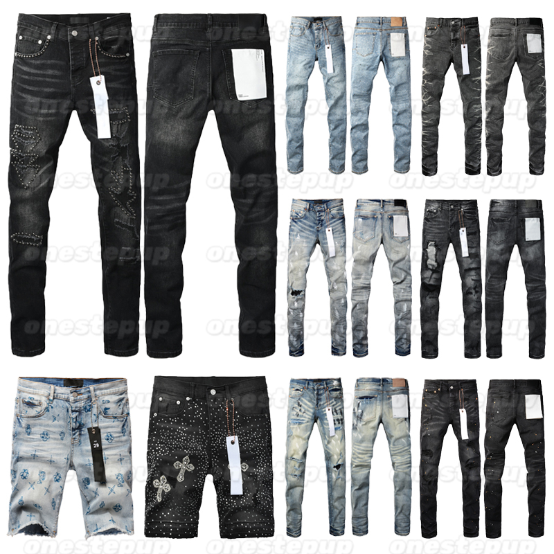 designer jeans Denim Shorts purpled brands jeans with Graffiti Print Straight Leg high street Ripped jeans for men women daily wear
