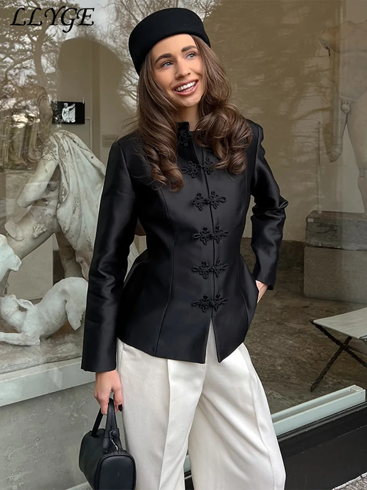 Vintage Womens Satin Frog Buttons Mandarin Jacket Stand Collar Full Sleeve Coat 2026 Spring Lady Party All-match Outwear 260617BJ