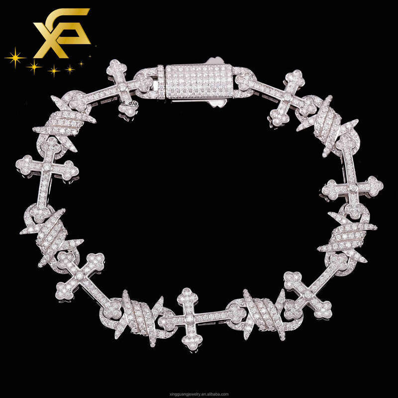 Pass Test Hip Hop Bling Cross 925 Silver With Moissanite Diamond Cuban Chain Bracelet for Rapper-image-1111191856
