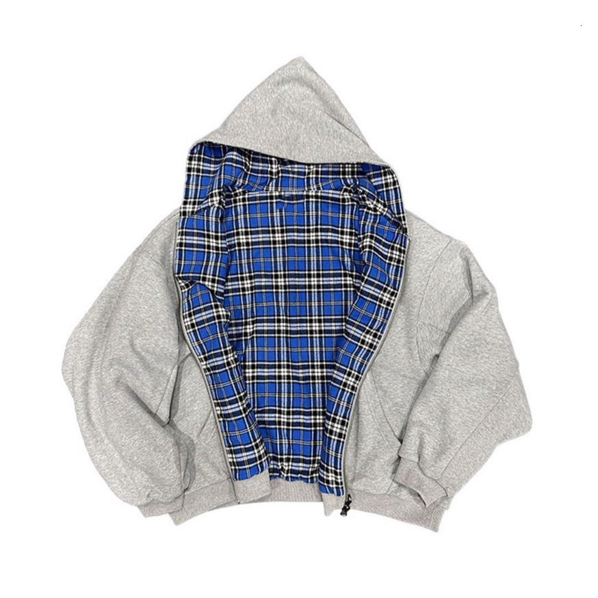 Reversible Zip Up Hooded Designer Sweatshirts Men Plaid Lining Patchwork Dual Wear Oversized Casual Outerwear New Autumn Winter Daily Street Layer J