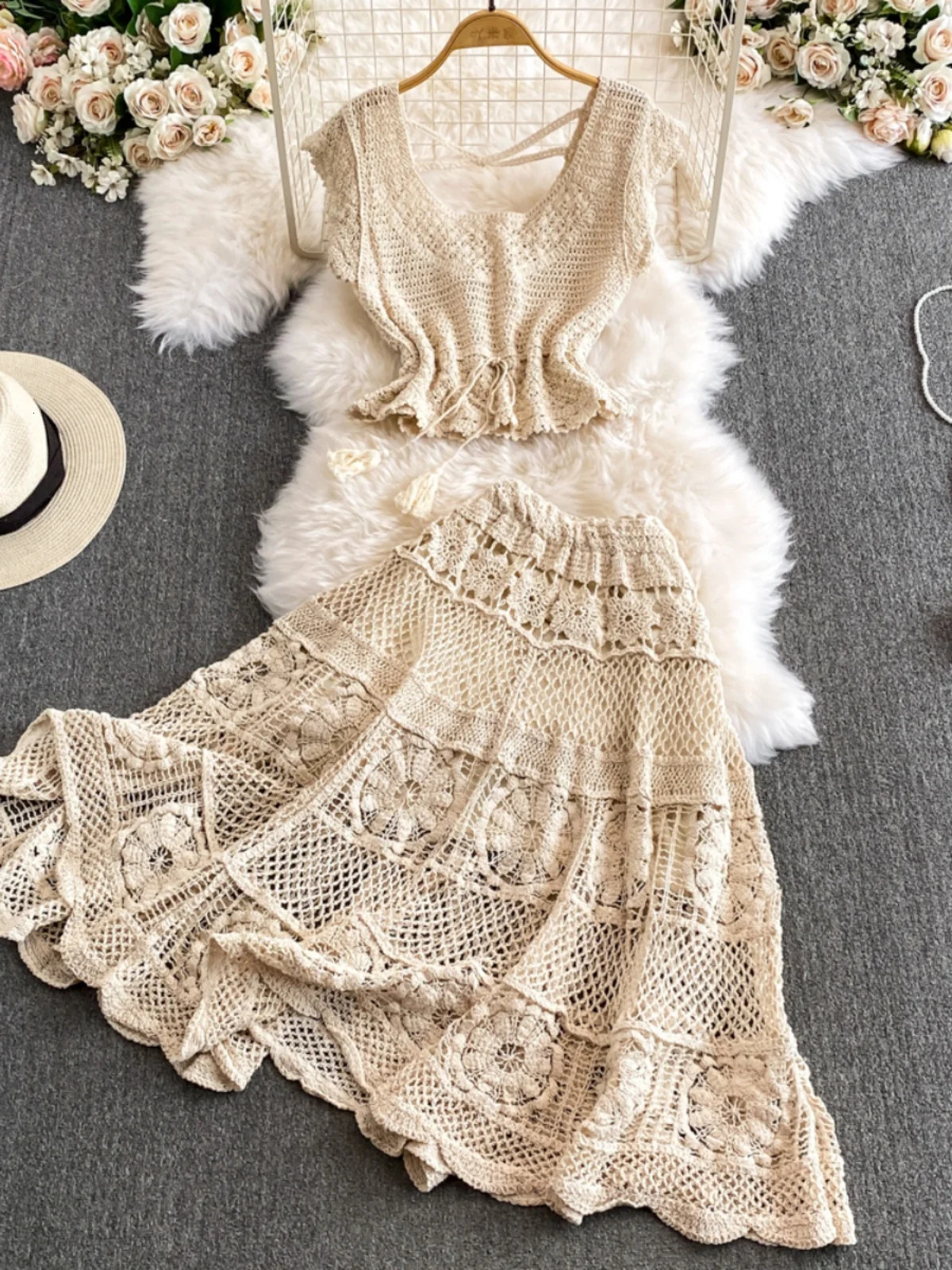 Vaion Sle Lace Knitted Top And High Waist Skirt Two Piece Set Sweet Trim Hollow out n for Young Women 260615