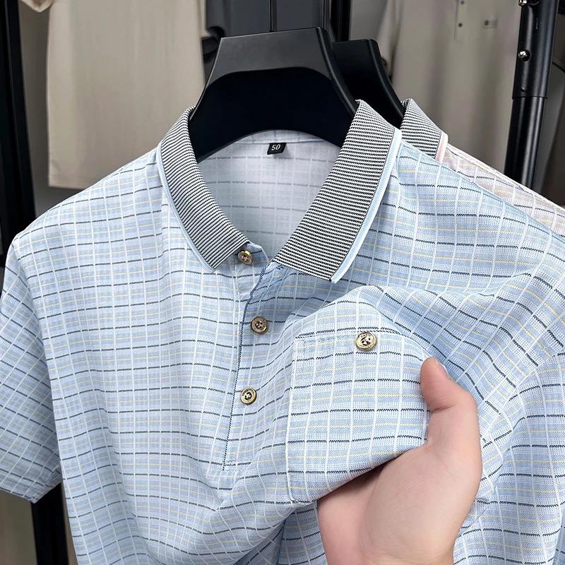 Middleaged Dad Wearing Shortsleeve Tshirt Mens Collared Plaid Polo Shirt 2026 Summer Thin Ice Silk Top Casual 260609BANJIA