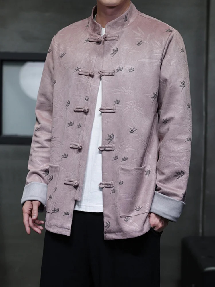 Chinese Style Mens Suede Jacket Floral Embroidery Button Middle-Aged And Elderly Spring Autumn Outerwear Coat 260617BJ