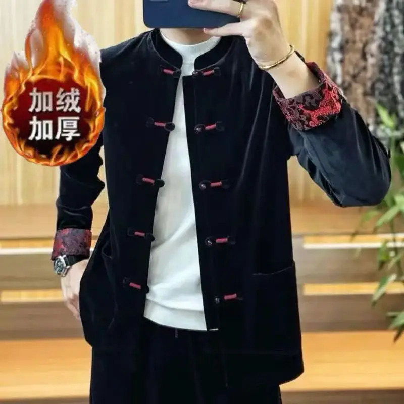 Spring and Autumn Jackets Mens Stand Up Collar Fashion Chinese Style Tang Costume Buckle Gold Velvet All-match Coats 260617BJ