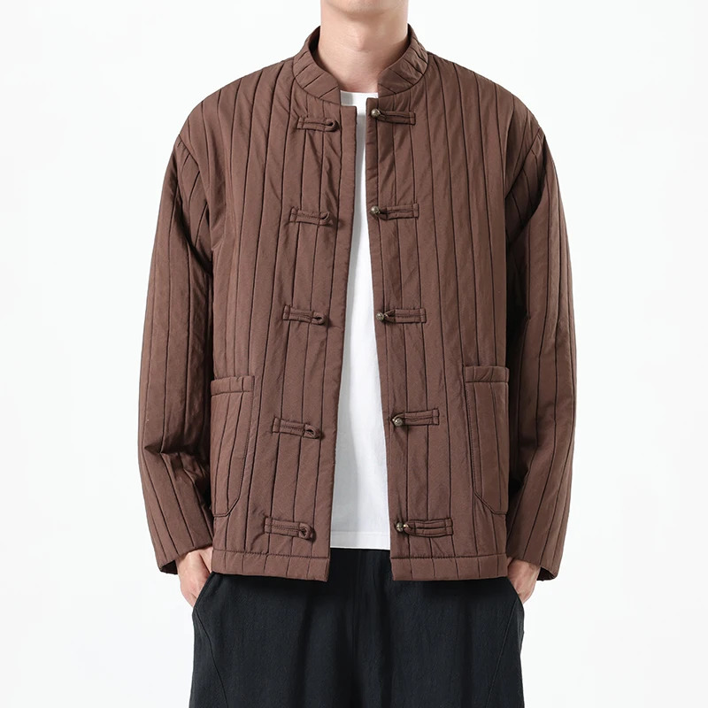 Autumn Men Chinese Style Jackets Men Thick Warm Soild Color Coat Male Vintage Stripe Black Jacket Man Tang Costume Hanfu 260617BJ