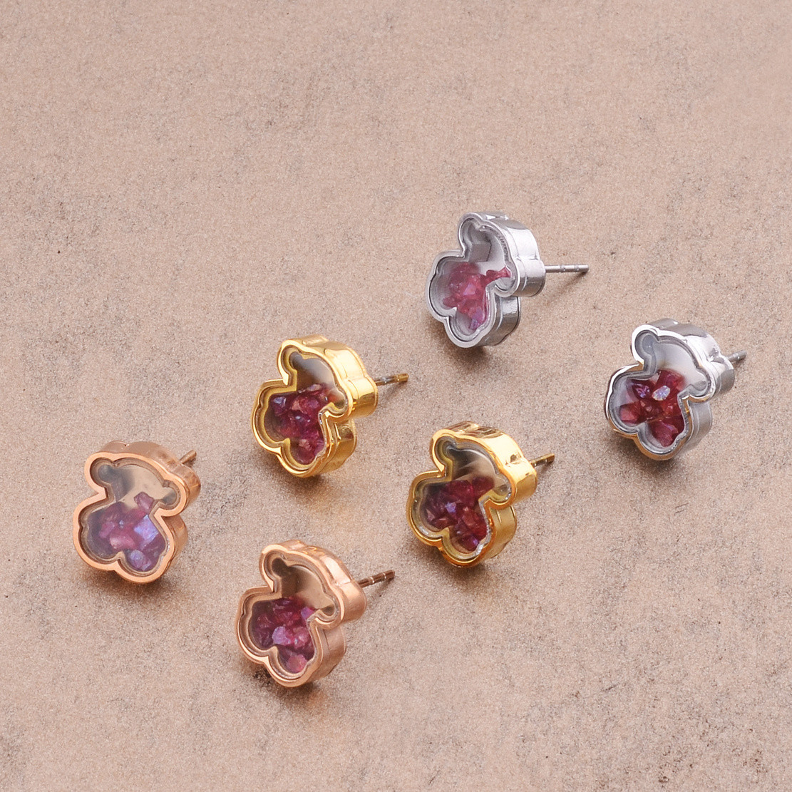 Fashion Women Lover Men Silver Rose Gold Stainless Steel Bear Heart Span Cartoon Animal Color Red Stone Letter Heart Moon Stud Earrings Jewelry G-image-1111195510