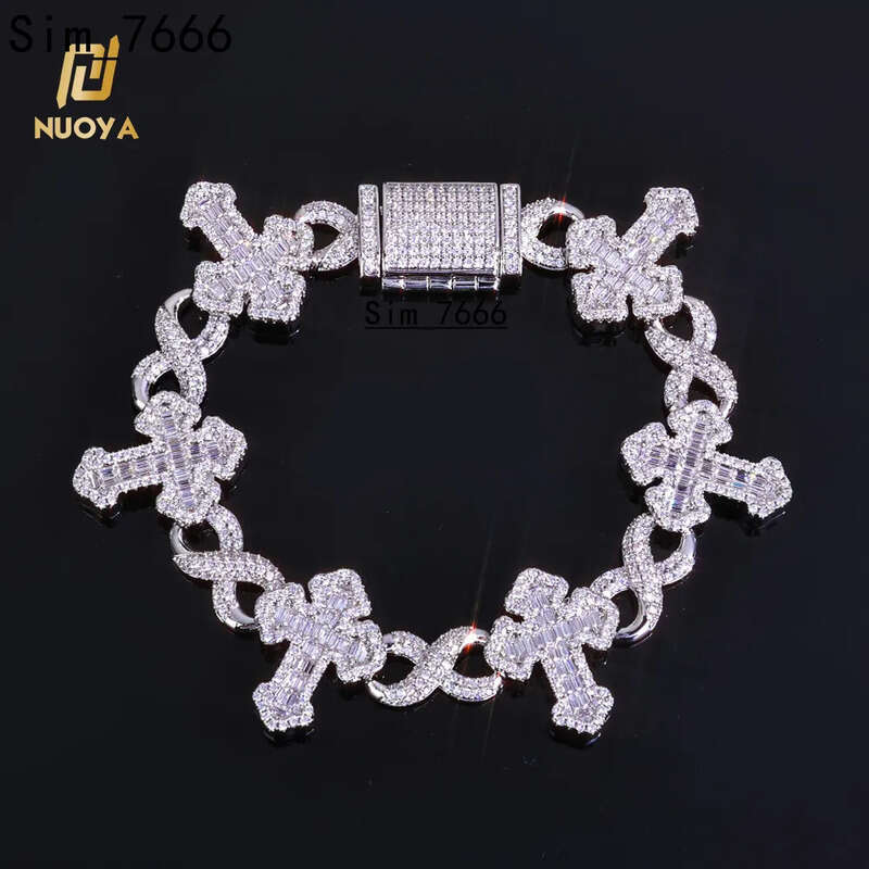 Fine Jewelry 15MM Iced Out Chain 925 Sterling Silver Flip Lock Cross 8 Character Infinity Charm Bling Moissanite Bracelet