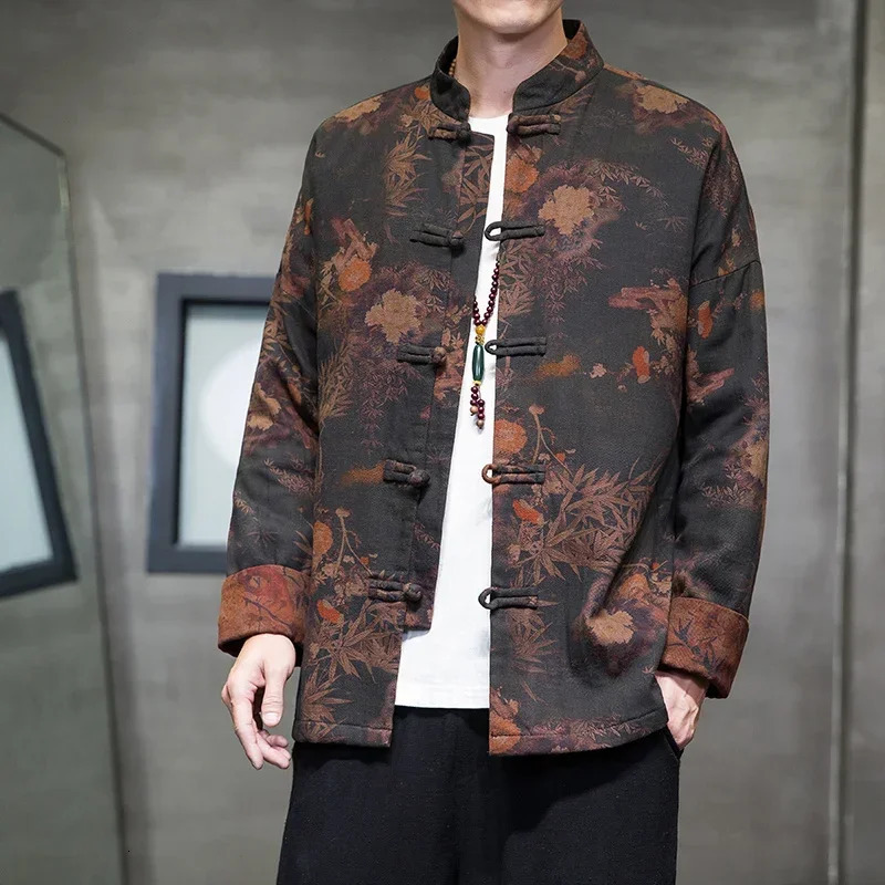 Autumn Winter Jacket Mens Chinese Style Traditional Cotton Padded Jackets Thicken Warm Men Printing Chinese Tang Suit Coats 260617BJ