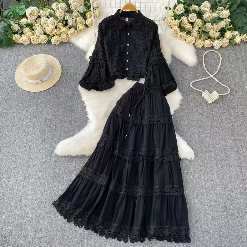 Women Two Piece Sets Skirt Set Turn Down Collar Lantern Sleeve Tops Lace Spliced Long Skirts A Line High Waist Elegant Work 2026 260615