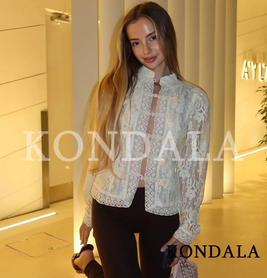 KONDALA Trendy Hollow Crochet Jacket Womens Chinese Buckle Slim Jacket 2026 Spring Summer Chic High Street Holiday Jackets 260617BJ