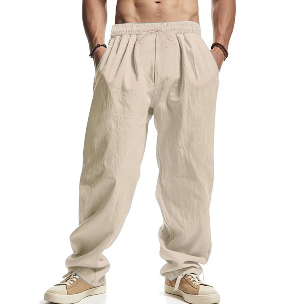Mens Straight Leg Pants Cotton Linen Breathable Lightweight Beach Hawaiian Style Trousers Casual Sweatpants 260717banjia